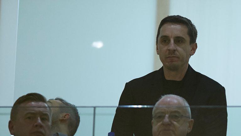 New Valencia head coach Gary Neville looks on in the stands at Mestalla