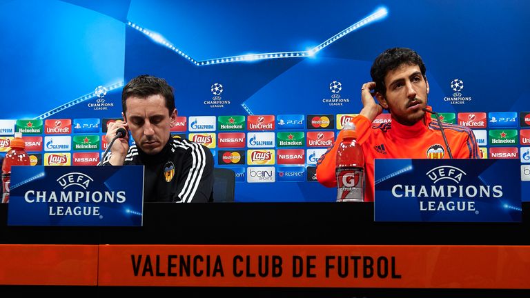 Gary Neville and Daniel Parejo face the media 