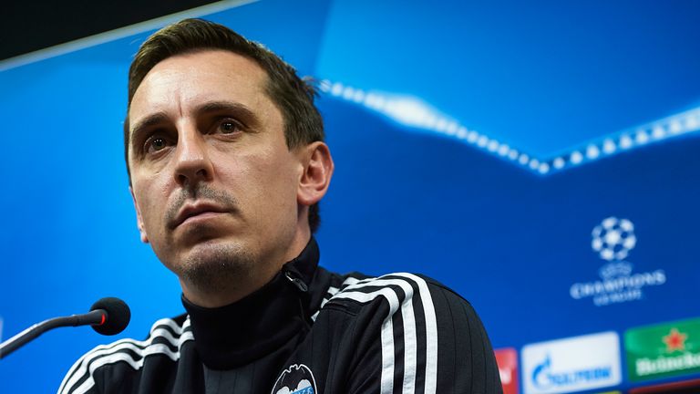 Gary Neville faces the media during a Valencia news conference