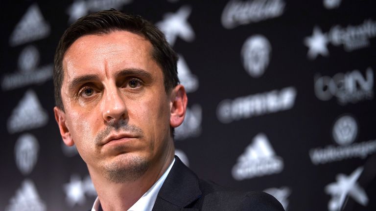 New Valencia head coach Gary Neville looks on during his presentation at the Mestalla