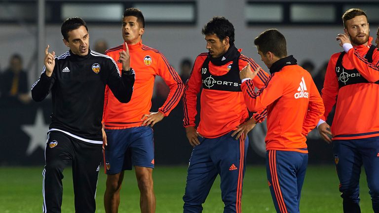 VALENCIA, SPAIN - DECEMBER 07:  Gary Neville the new manager of Valencia CF gives instructions during a training session ahead of Wednesday's UEFA Champion