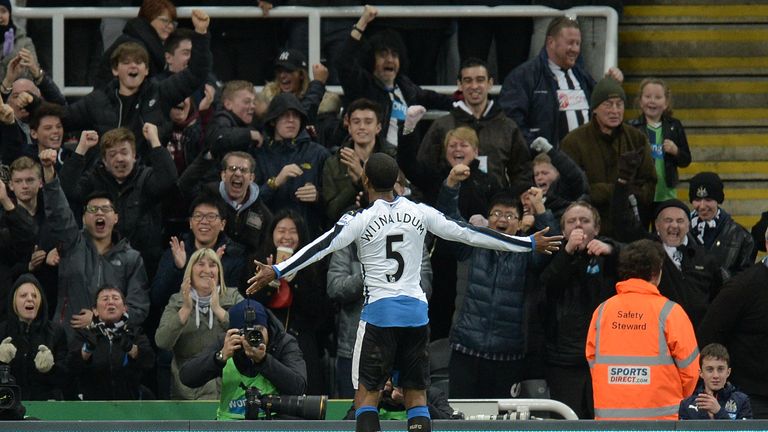 Georginio Wijnaldum celebrates Newcastle's first goal after Liverpool's Martin Skrtel scored an own-goal from Wijnaldum's cross