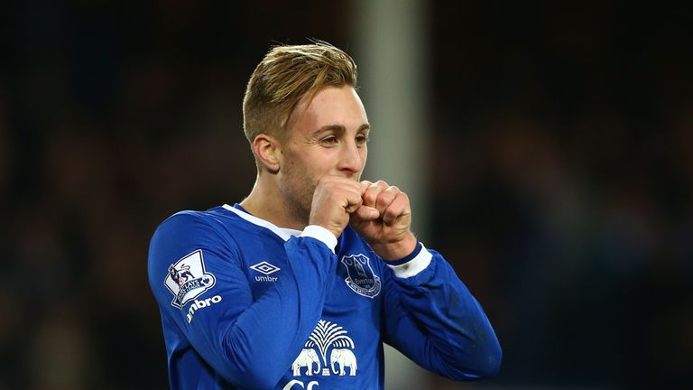 Gerard Deulofeu celebrates scoring Everton's third goal during the Barclays Premier League match against Stoke City