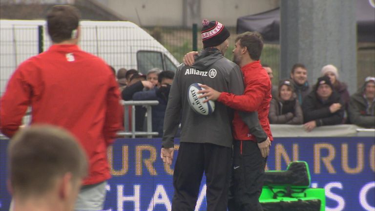 Is this goodbye? Paul Gustard embraces Saracens hooker Schalk Brits