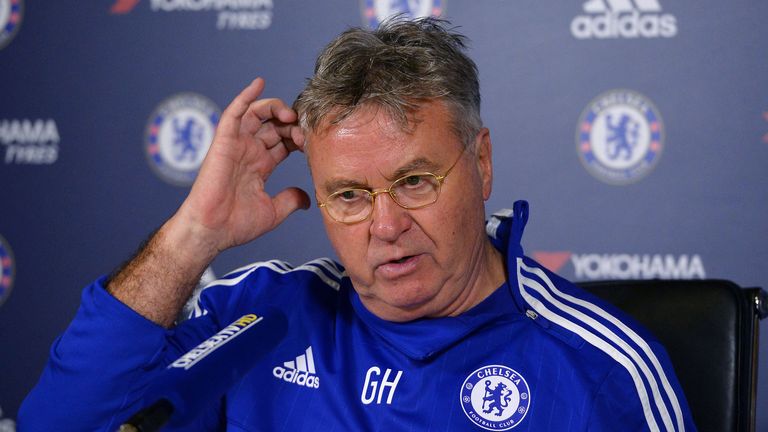 Chelsea's Dutch interim manager Guus Hiddink hosts a press conference at the club's training ground in Cobham, 