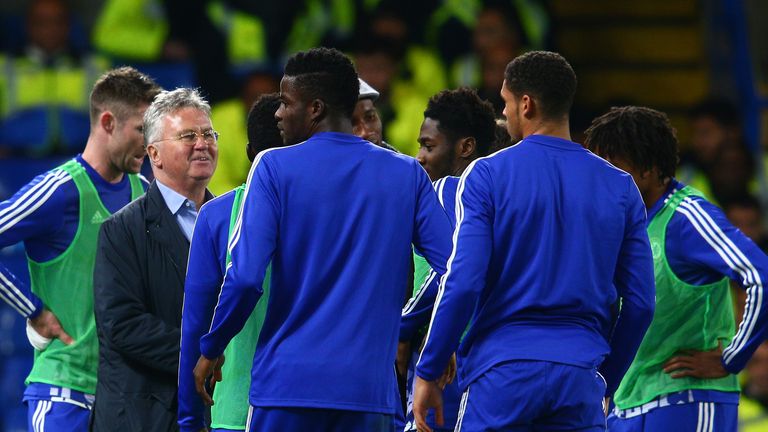 Chelsea interim manager Guus Hiddink meets the players after their Premier League victory over Sunderland