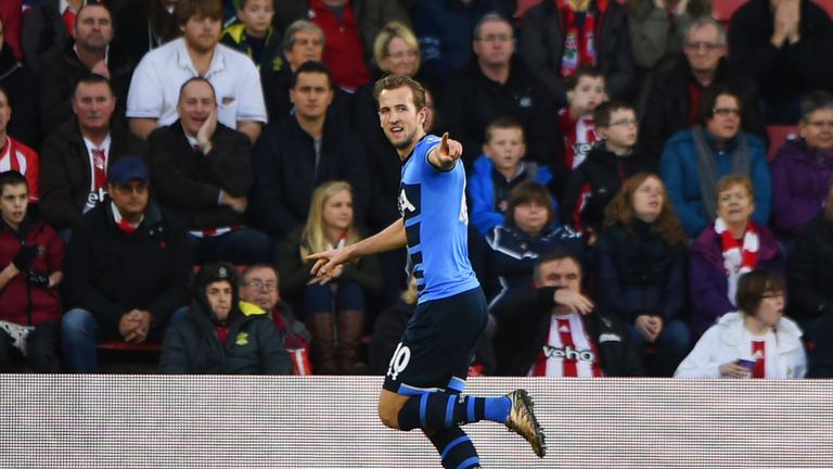 Harry Kane of Tottenham celebrates as he scores their first goal  against Southampton