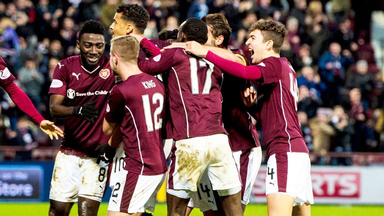 Hearts players celebrate Osman Sow's late goal in the 2-2 draw with Celtic