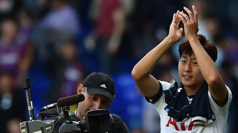 A television camera films goal-scorer, Tottenham Hotspur's South Korean striker Son Heung-Min as he applauds after the English Premier League football 