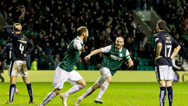 Martin Boyle (left) celebrates after snatching an injury time equaliser for Hibernian at home to Falkirk