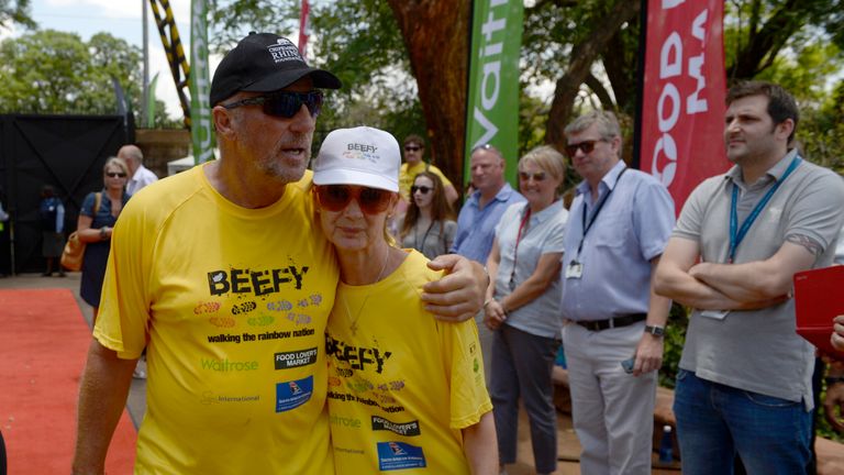 PRETORIA, SOUTH AFRICA - DECEMBER 17:  In this handout image provided by Philip Brown, Sir Ian Botham and Lady Kathy Botham embrace after completing the 'B