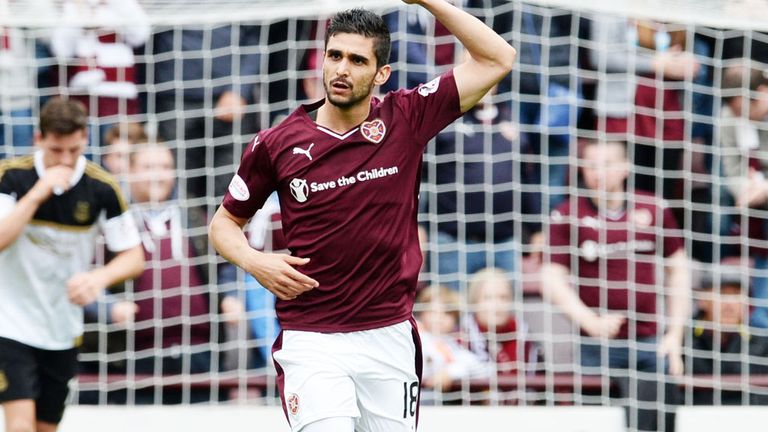 Igor Rossi celebrates his goal for Hearts against Aberdeen