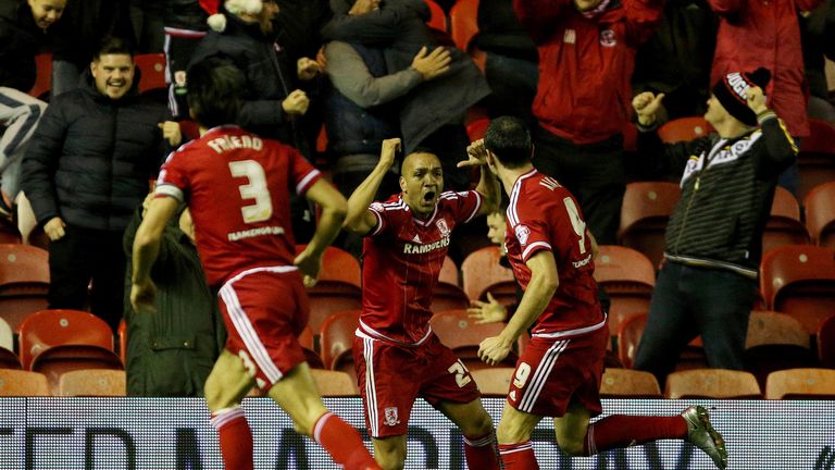 Middlesbrough's Emilio Nsue celebrates his side's winning goal in a 1-0 victory over Burnley