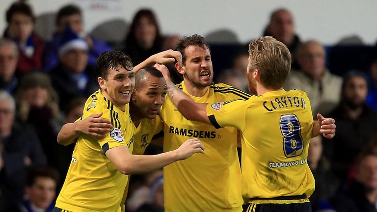 Christian Stuani of Middlesbrough celebrates scoring during the Sky Bet Championship match against Ipswich Town 