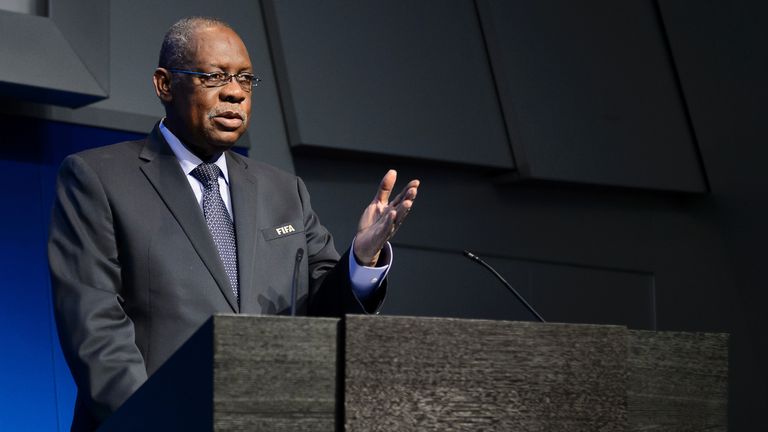 Acting FIFA president Issa Hayatou attends a press a press conference at the FIFA headquaters in Zurich