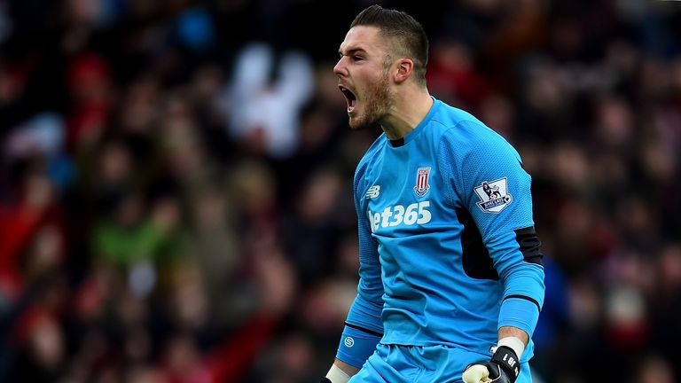 Stoke City's Jack Butland celebrates his team's first goal during the Barclays Premier League match against Manchester City