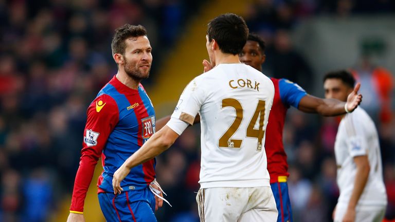 Jack Cork of Swansea City and Yohan Cabaye (L) of Crystal Palace argue during the Barclays Premier League match