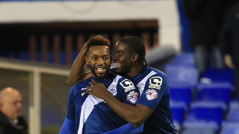 Birmingham City's Jacques Maghoma (left) celebrates with Clayton Donaldson after scoring his side's first goal against Milton Keynes Dons