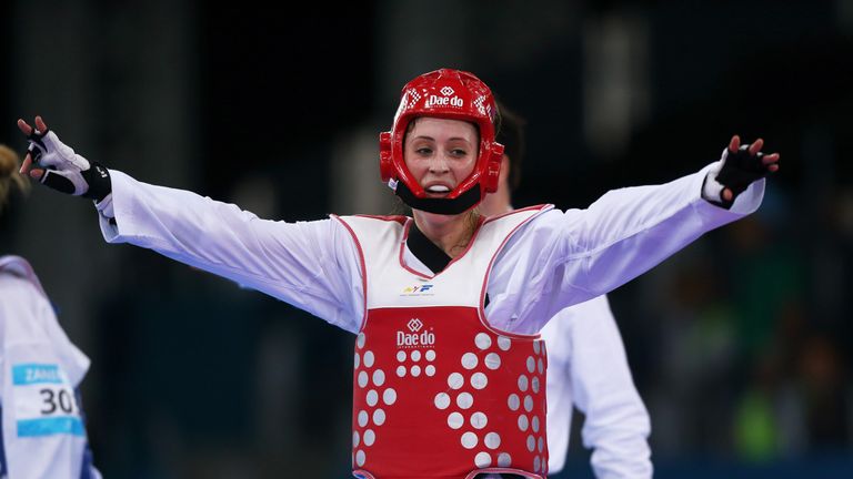 Jade Jones of Great Britain celebrates winning gold against in the Women's Taekwondo -57kg gold final at the Baku 2015 European Games