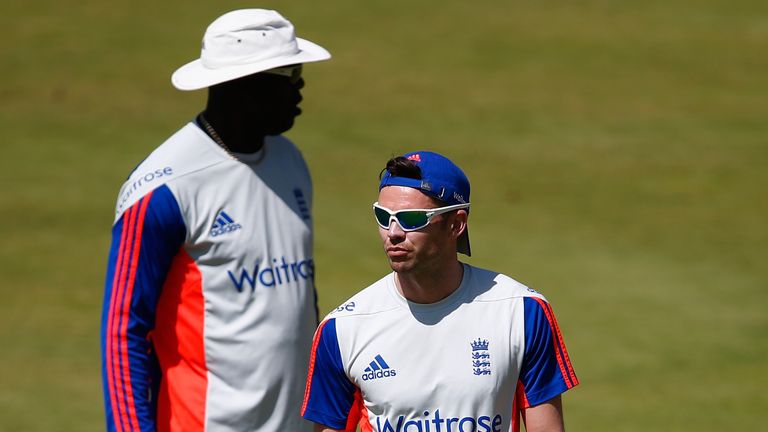 James Anderson looks on during an England training session in South Africa
