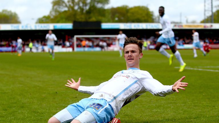 James Maddison of Coventry celebrates scoring against Crawley in May