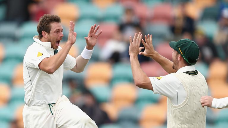 James Pattinson of Australia celebrates dismissing Jermaine Blackwood of the West Indies