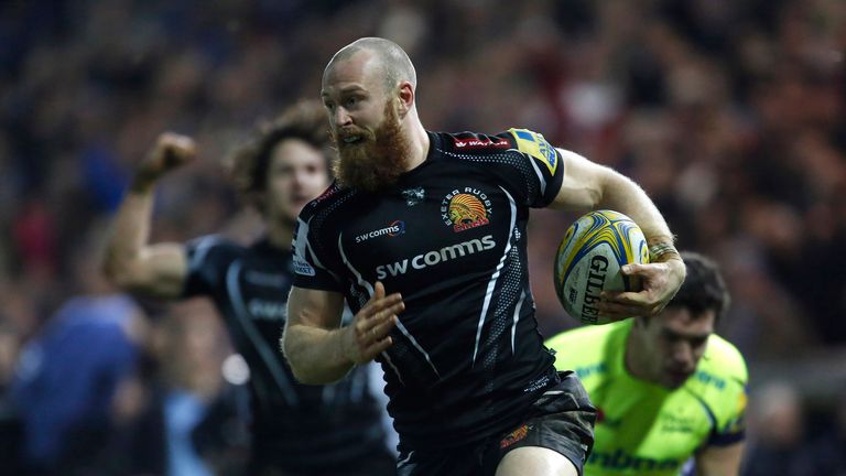 James Short of Exeter Chiefs starts his run to the line before scoring a try against Sale Sharks in their Aviva Premiership clash