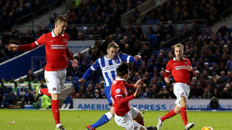 James Wilson of Brighton scores the team's first goal during the Championship match against Charlton Athletic at The Amex Stadium on December 05, 2015