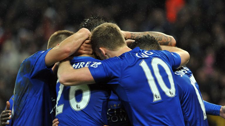 Jamie Vardy celebrates scoring during the Barclays Premier League match between Leicester City and Chelsea at the King Power Stadium on December 14