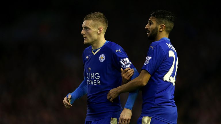 LIVERPOOL, ENGLAND - DECEMBER 26:  Riyad Mahrez of Leicester City (r) holds back Jamie Vardy of Leicester City during the Barclays Premier League match bet