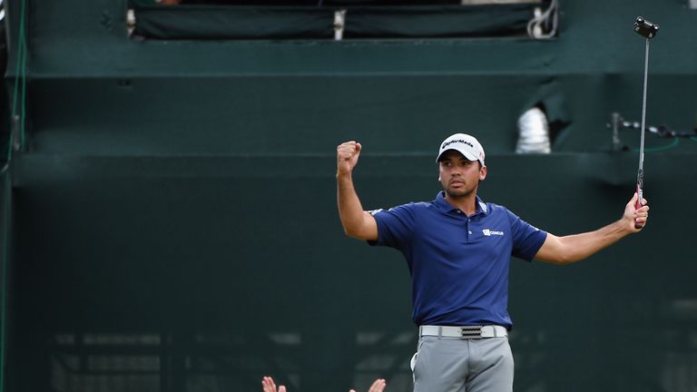 EDISON, NJ - AUGUST 30:  Jason Day of Australia celebrates on the 18th green after his six-stroke victory at The Barclays at Plainfield Country Club on Aug