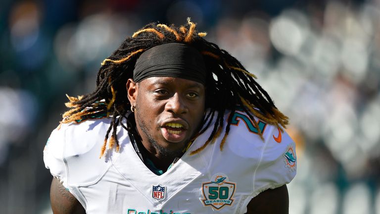 Jay Ajayi #23 of the Miami Dolphins looks on during warm-ups before taking on the Philadelphia Eagles at Lincoln Financial 