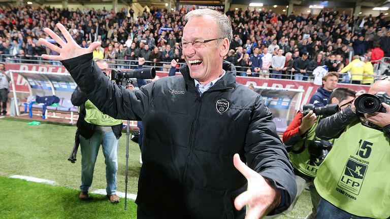 Troyes' head coach Jean-Marc Furlan celebrates