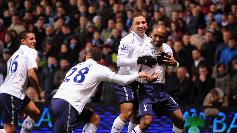 BIRMINGHAM, ENGLAND - DECEMBER 26:  Jermain Defoe of Tottenham Hotspur celebrates the opening goal with team mate  Aaron Lennon during the Barclays Premier