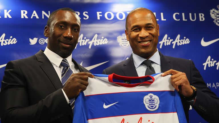 Jimmy Floyd Hasselbaink (l) poses with Director of Football Les Ferdinand as he is announced as the new Queens Park Rangers manager