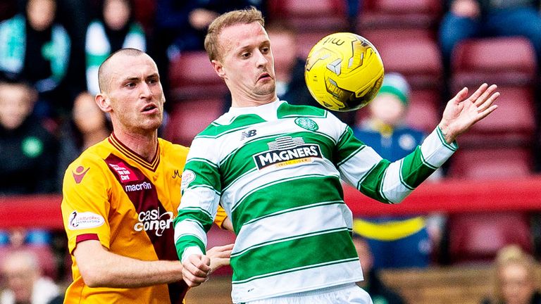 Leigh Griffiths of Celtic shields the ball from Motherwell's Joe Chalmers