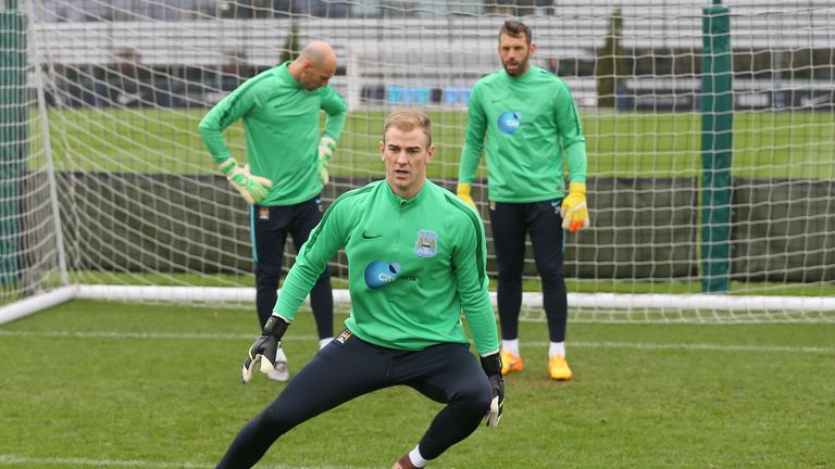 Joe Hart (centre) in training on Thursday along with Willy Caballero (left) and Richard Wright (right)