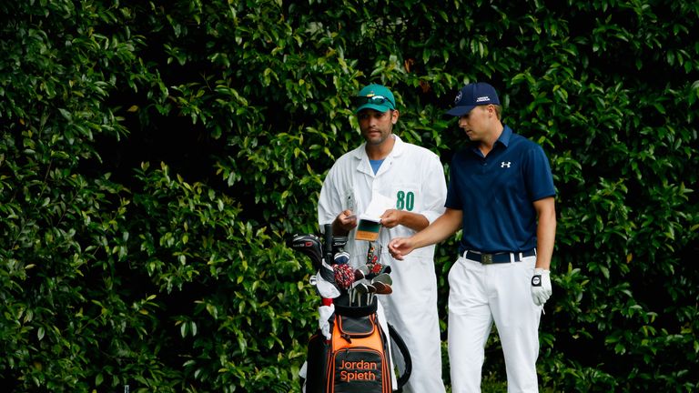 AUGUSTA, GA - APRIL 12:  Jordan Spieth of the United States and his caddie Michael Greller during the final round of the 2015 Masters Tournament at Augusta