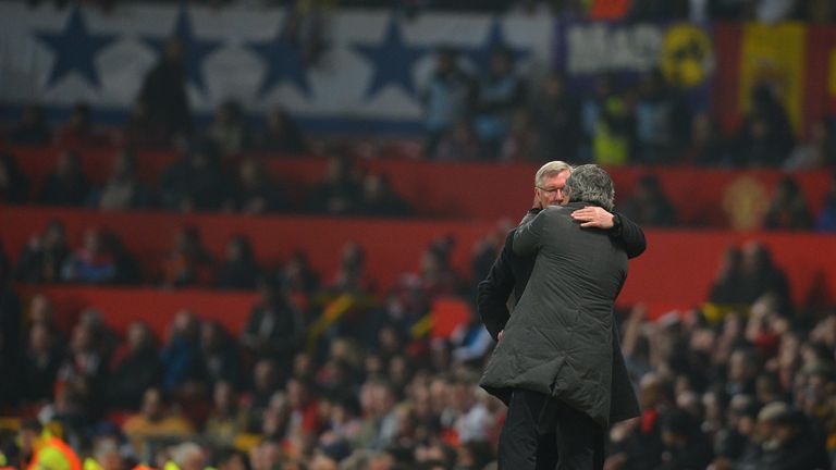 Sir Alex Ferguson and Jose Mourinho embrace before Manchester United's Champions League tie against Real Madrid in 2013