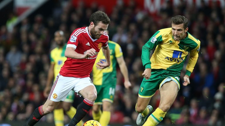 Juan Mata of Manchester United in action with Gary O'Neil of Norwich City 