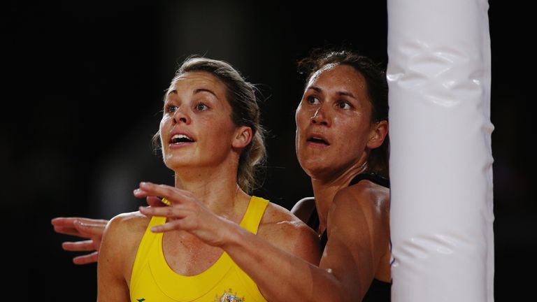 Jodi Brown of New Zealand defends against Julie Corletto of Australia during the gold medal match between Australia and New