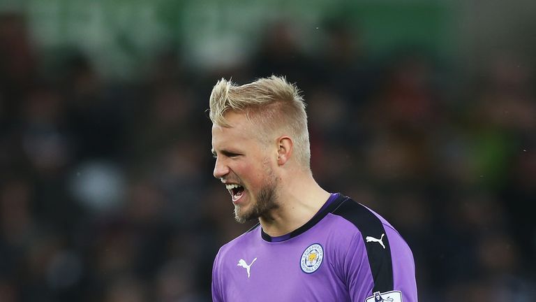 Kasper Schmeichel of Leicester City celebrates his team's first goal during the Barclays Premier League match against Swansea City