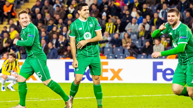 Kris Commons, Tom Rogic and Nadir Ciftci celebrate Celtic's goal against Fenerbahce