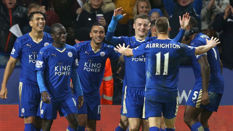 Leicester players celebrate Riyad Mahrez's stunning goal