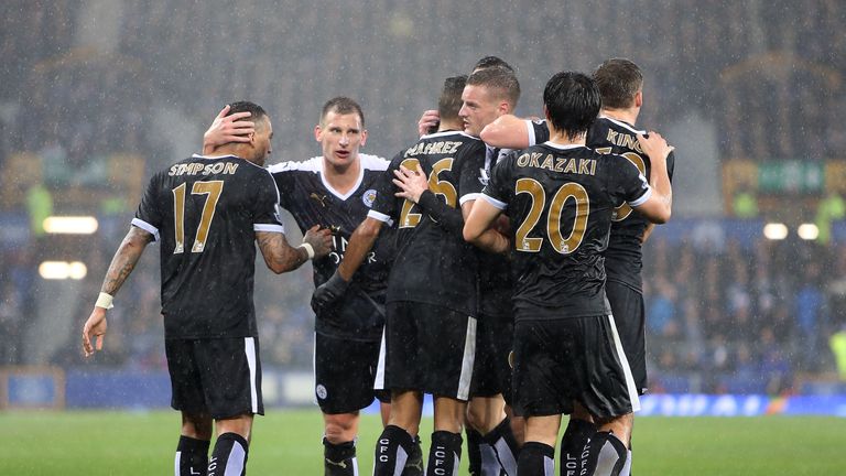 Leicester City players celebrate Riyad Mahrez's goal against Everton at Goodison Park on December 19, 2015