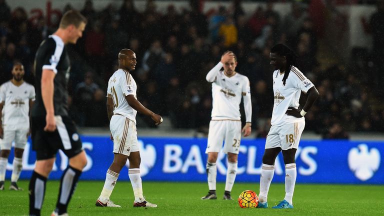Swansea players prepare to re-start after Leicester score  their third goal