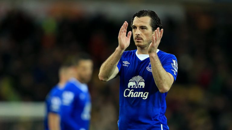 Leighton Baines applauds the Everton fans after completing 90 minutes at Norwich