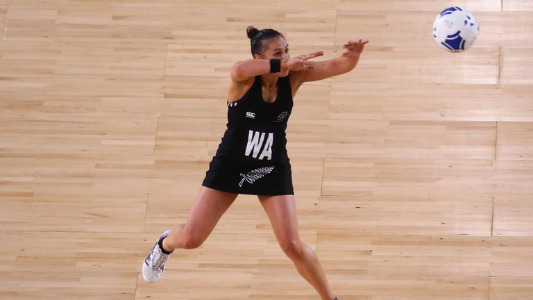 Liana Leota of New Zealand passes during the gold medal netball match between Australia and New Zealand at the SECC Precinct