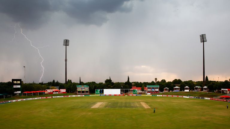 Lightning hits as the match is called off during day three of the tour match between South Africa Invitational XI and England at Senwes Park