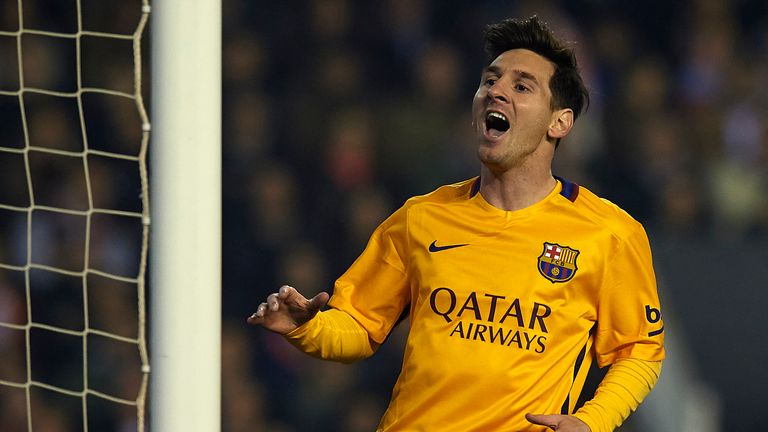 Lionel Messi of Barcelona reacts during the game with Valencia